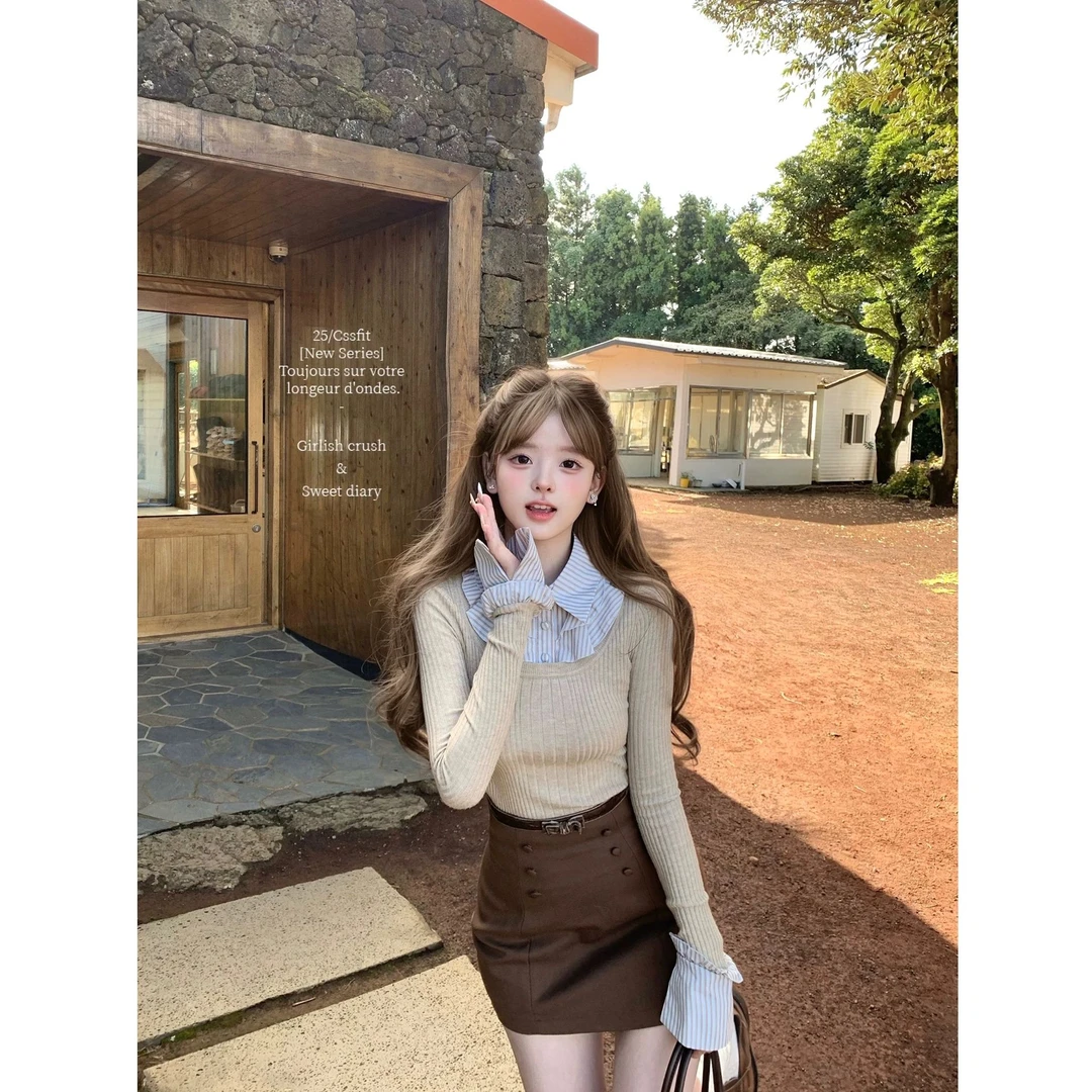 【松间花火】韩系甜美假两件条纹撞色衬衫拼接针织上衣配短裙套装女