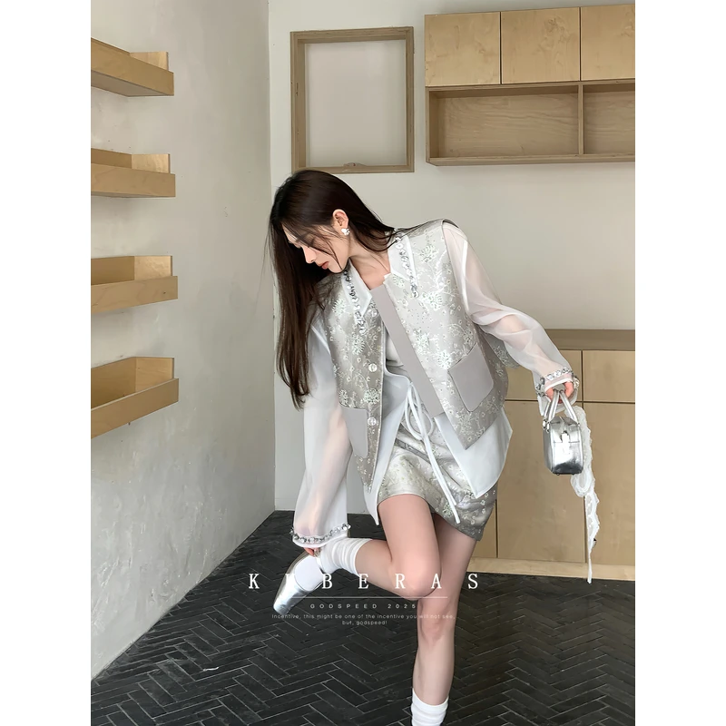 KUBERAS 短款宽松国风新中式圆领马甲翻边袖外套高腰A字短裙套装