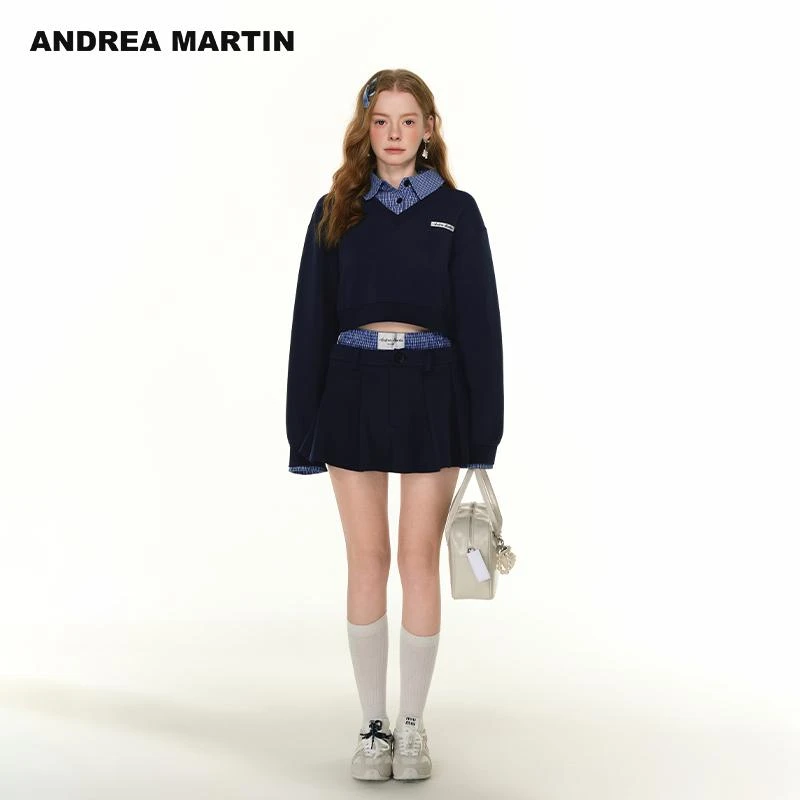 Andrea Martin2025春夏款时尚套装女假两件翻领短款卫衣时尚短裙