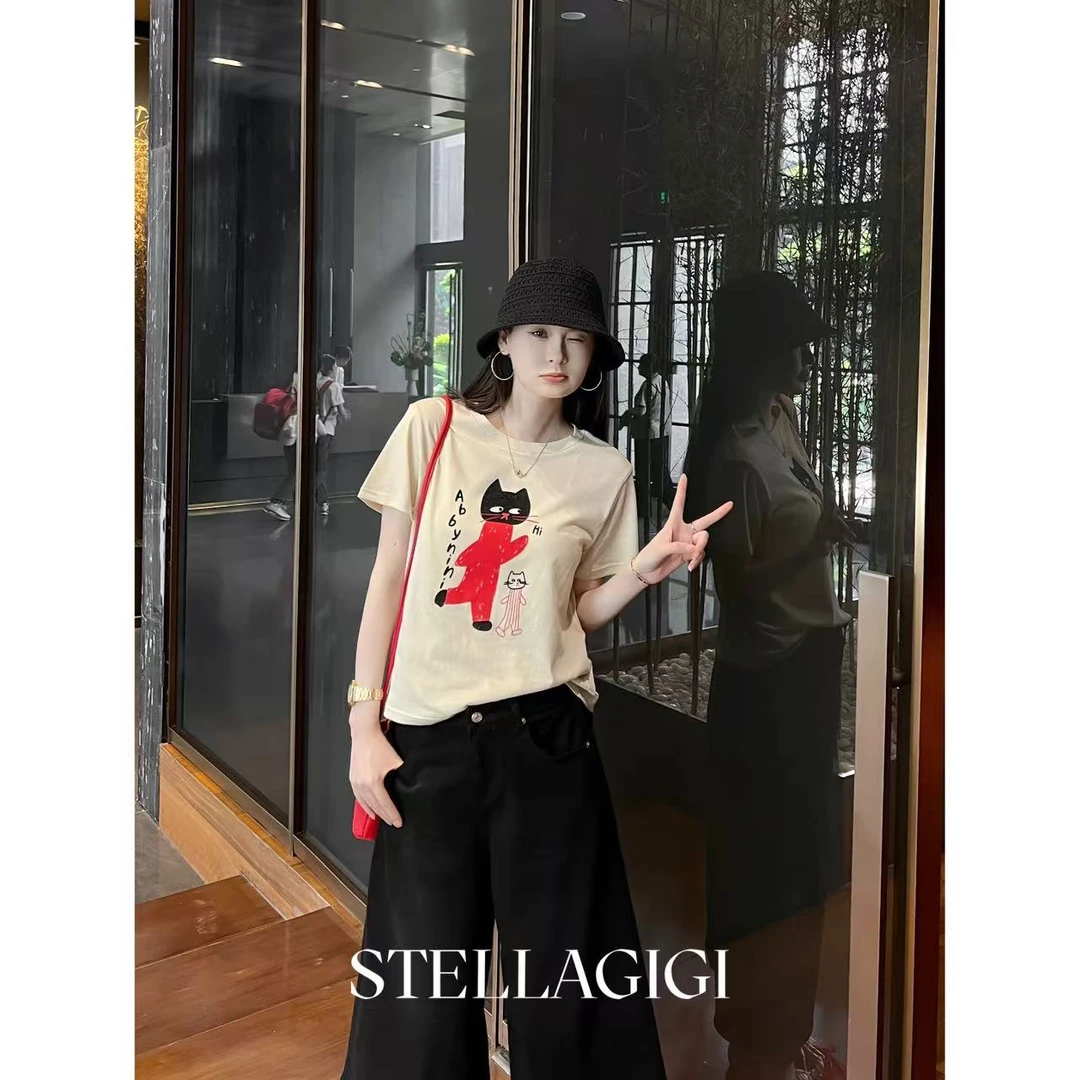 SG / 郭幂幂 SS 韩系休闲风 卡通猫咪显瘦圆领短袖T-20250458