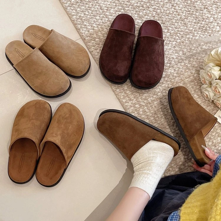 韩系复古毛绒勃肯半拖鞋女外穿2025秋冬新款一脚蹬懒人软厚底半托