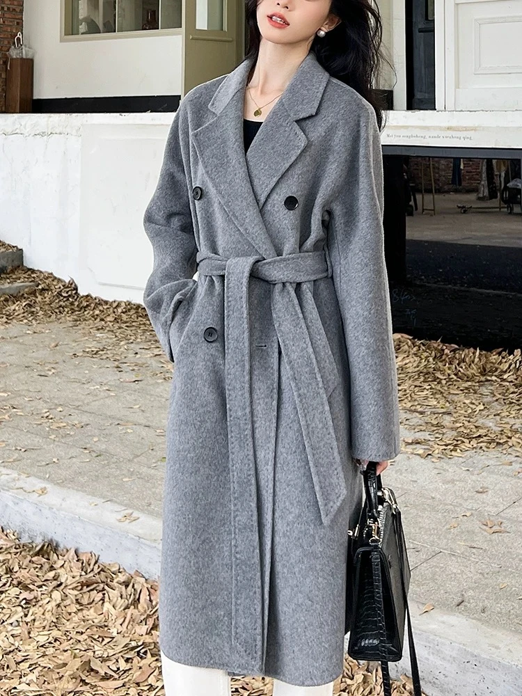 9852气质网红时尚百搭女士红色羊绒毛呢中长款双面呢秋冬羊绒大衣