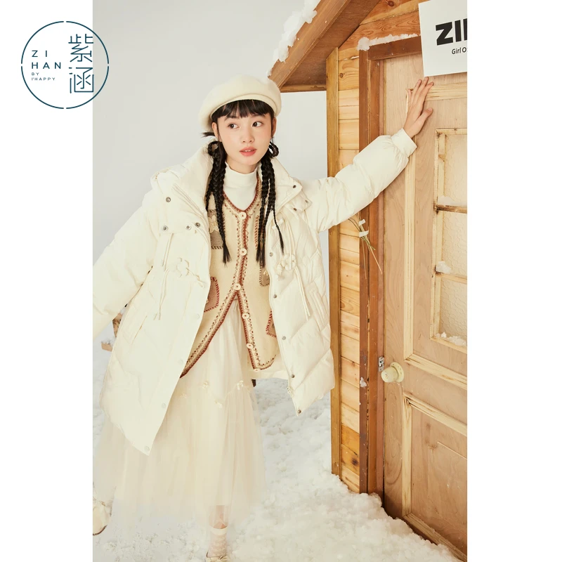 紫涵立领连帽羽绒服女冬季新款立领花朵盘扣羽绒外套Z3Z11BS447