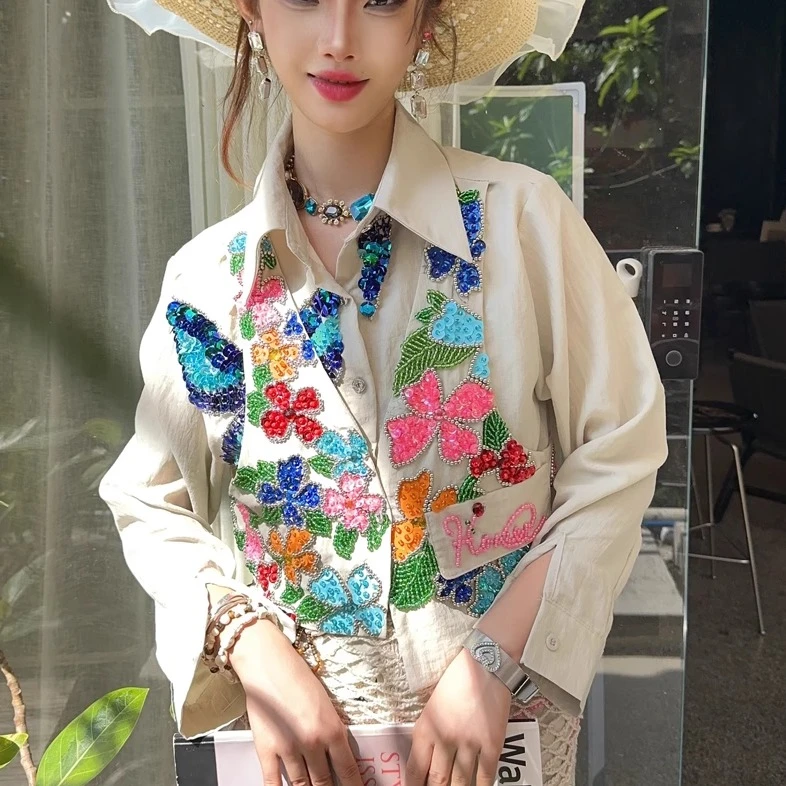 XU0001 木木原创重工钉珠手工彩钻花朵图案气质百搭翻领长袖衬衫