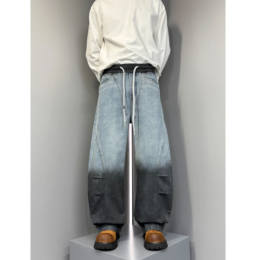 秋冬加厚美式复古泼墨弯刀裤渐变水洗做旧牛仔裤男小众宽松直筒裤