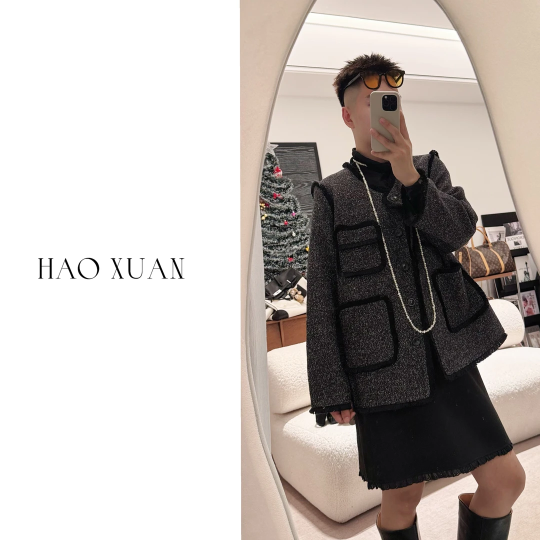 HAOXUAN 大码微胖 【c100】 毛边小香风外套【0119】