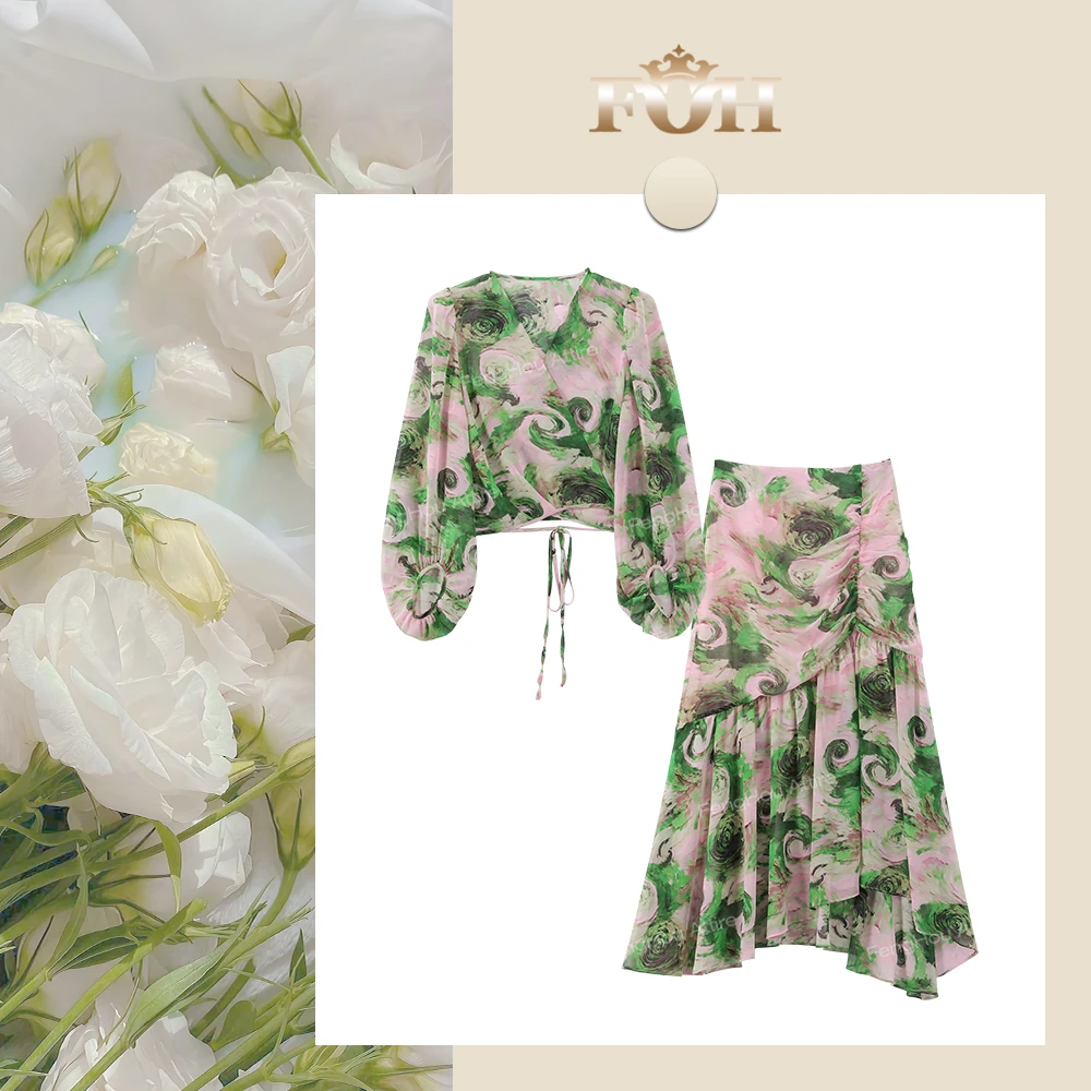 【封后轻奢设计】2025夏季V领灯笼袖上衣+褶皱百搭半身裙套装1973