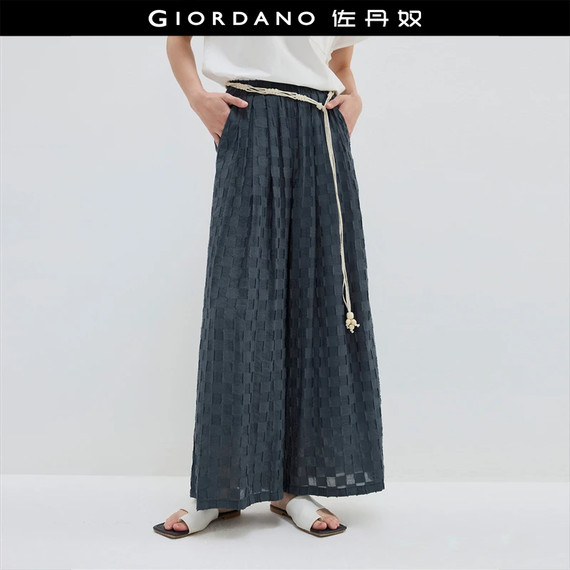 佐丹奴裤子女装毛边格纹肌理松紧腰梭织阔腿长裤 18415805
