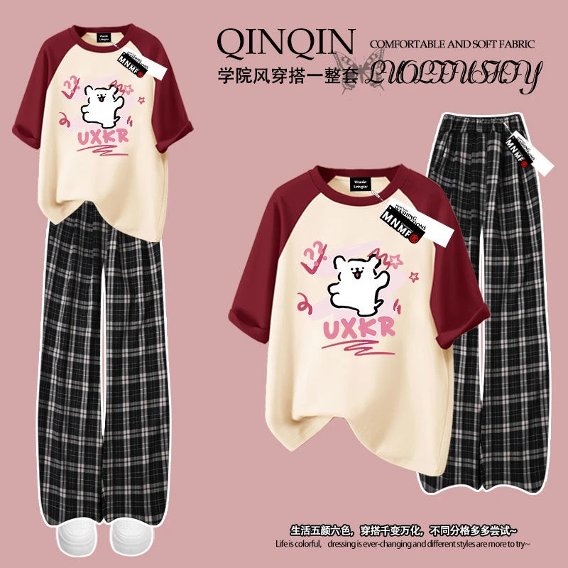 2025夏季女童洋气韩版线条小狗洋气印花短袖t恤格子裤套装中大童