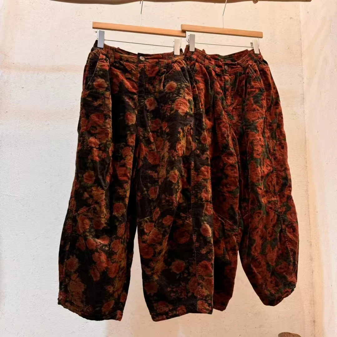 241124衣牧了然春季高品金属丝丝绒印花休闲裤复古文艺宽松直筒裤