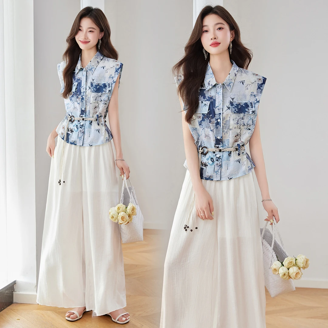 休闲印花短袖衬衫套装女2025夏季新款高级感通勤百搭阔腿裤两件套