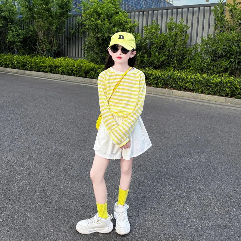 女童夏装防蚊长袖薄款海边度假防晒衣女宝宝宽松上衣短裤两件套潮