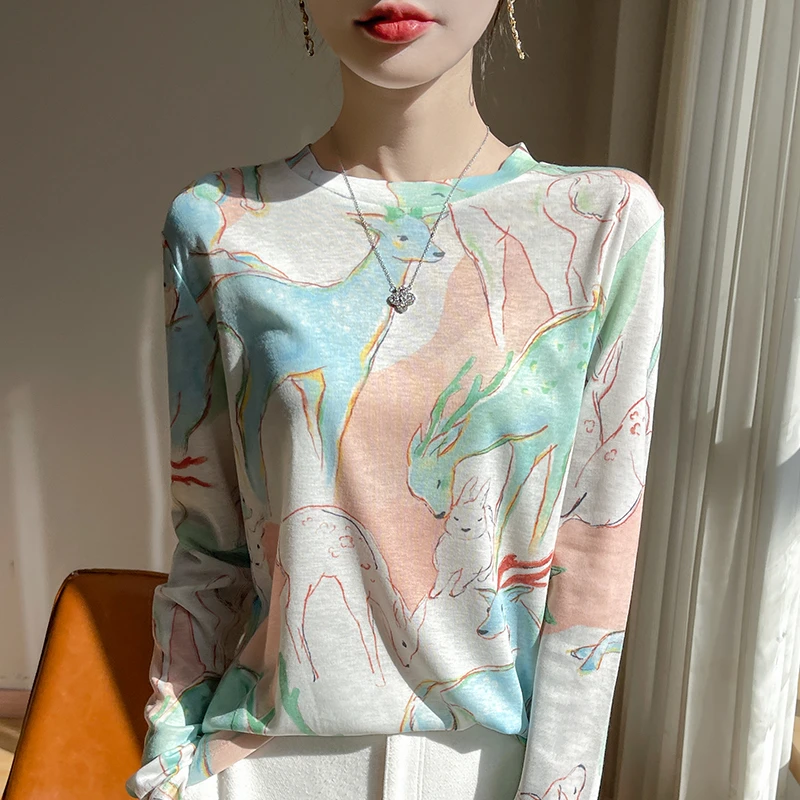 【悦羊定制】2025新款水溶印花长袖针织衫女圆领薄上衣时尚洋气内搭