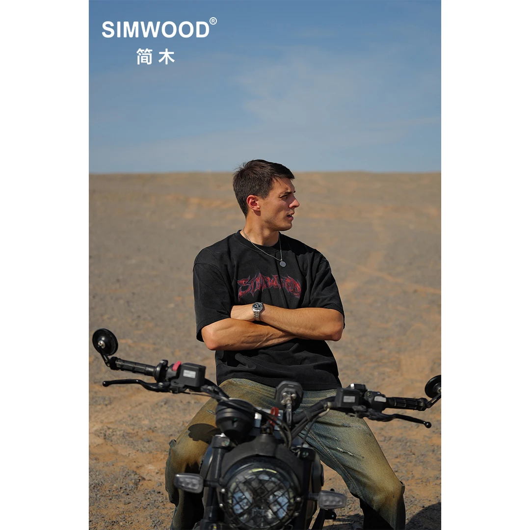 SIMWOOD/简木【超宽松】270g水洗做旧火焰字母短袖T恤S25250572