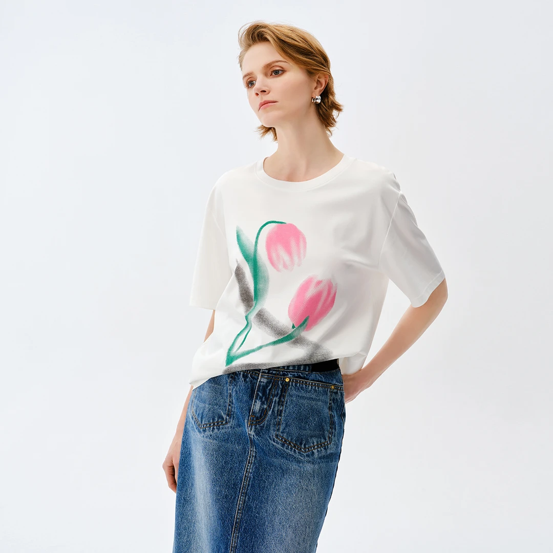 【达人专属】恩派雅新款百搭图案印花粉色圆领T恤上衣女XNJEC5322A