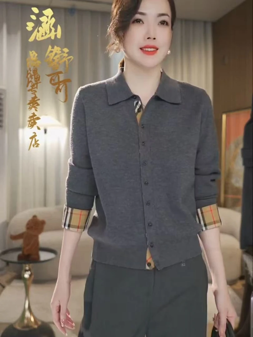 格子拼接衬衫领针织衫