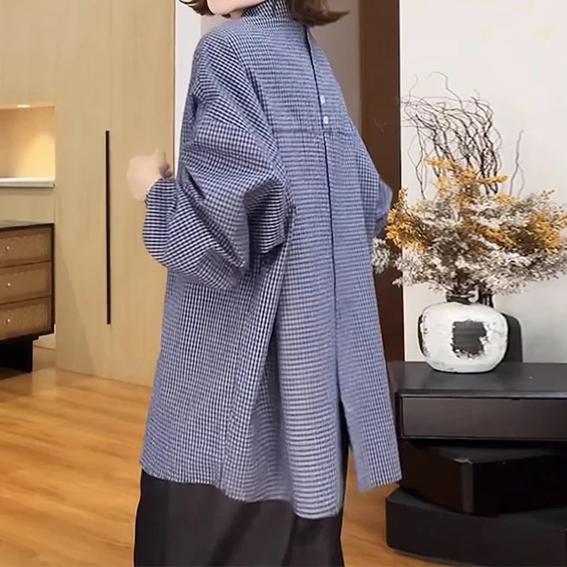 2025秋季新款蓝色格子长袖衬衫女洋气减龄宽松休闲显瘦设计感上衣