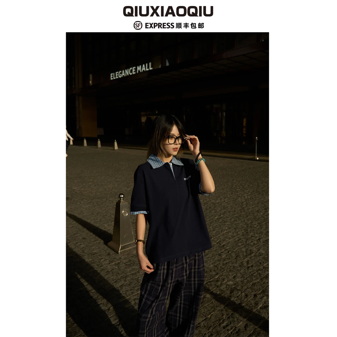 【Qiuxiaoqiu】miu系格纹拼接珠地布学院风休闲polo短袖T恤男女同款
