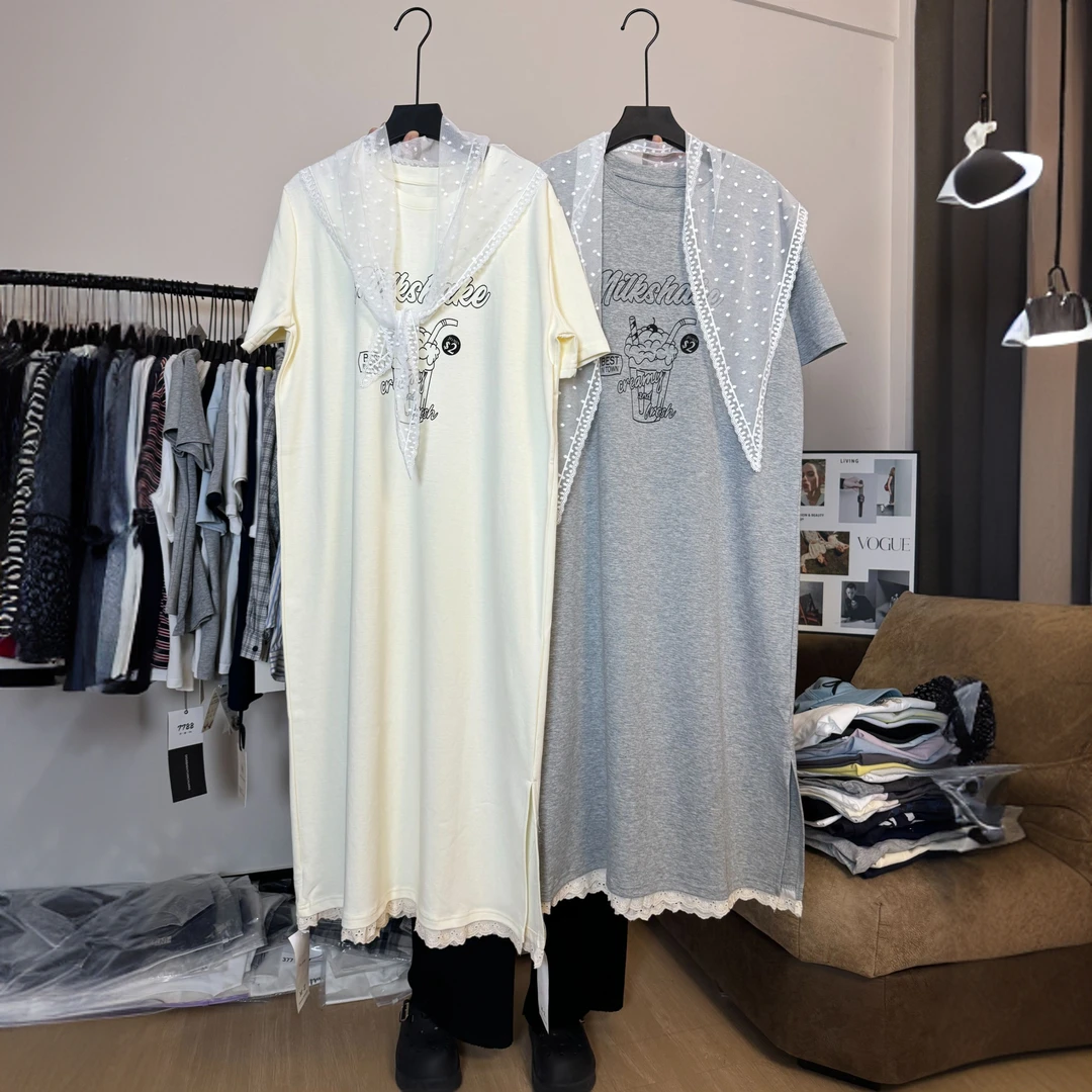 2025春夏新款短袖连衣裙奶昔印花蕾丝花边T恤长裙