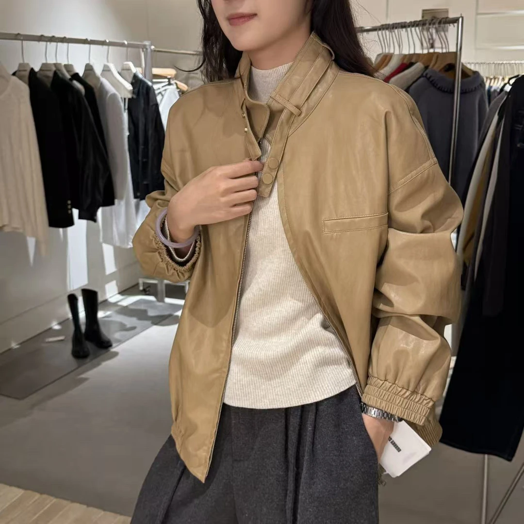 C/31100 （衣长65左右）韩系设计感立领宽松拉链皮衣外套