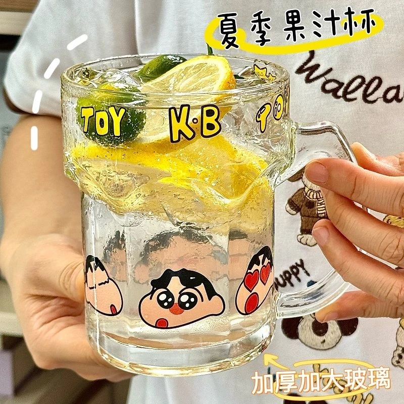 高颜值可爱日系蜡笔小新卡通印花玻璃带把手杯果汁牛奶杯玻璃杯C
