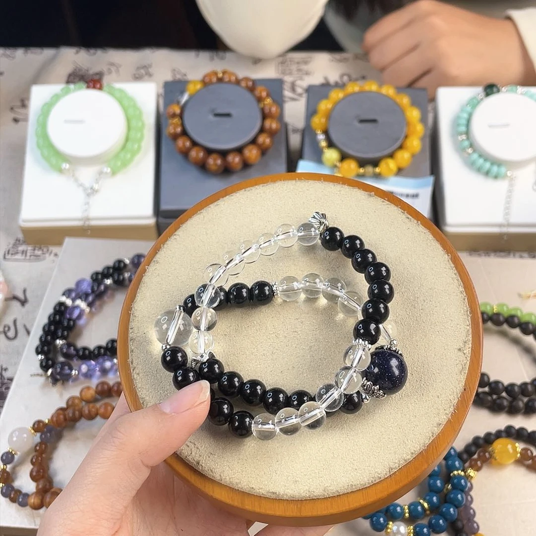 黑曜岩手饰银S925镀金镶嵌