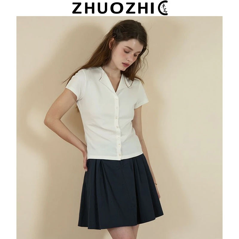 [特价]法式单排扣翻领短袖T恤女2025夏季新款基础款百搭显瘦上衣