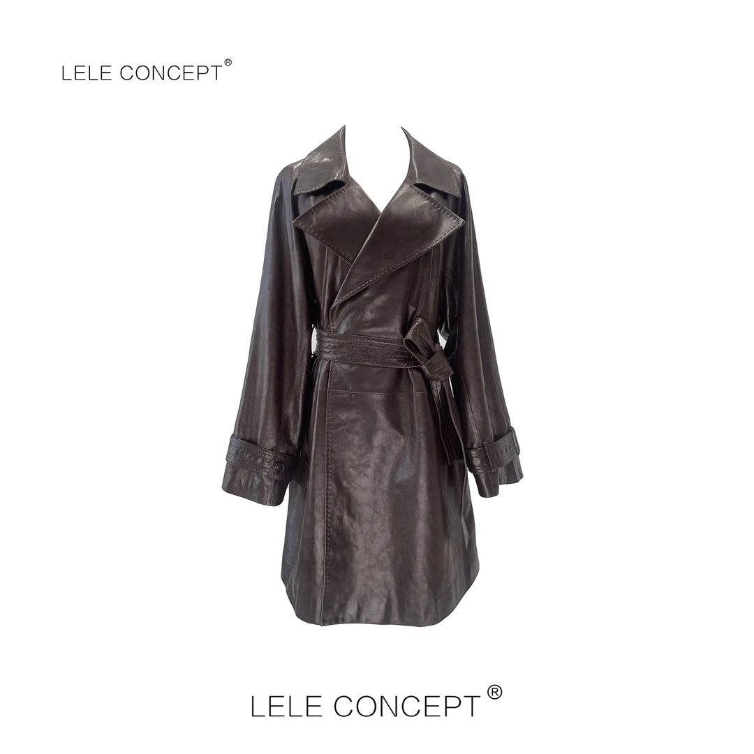 LELE CONCEPT｜ 气质高级感收腰翻领腰带皮风衣P0050