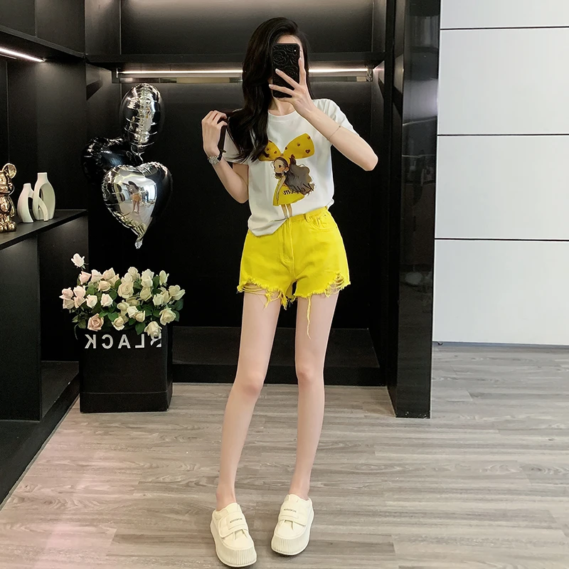 夏装女款爆款2025新款韩版白色洋气印花短袖女t恤黄色牛仔短裤