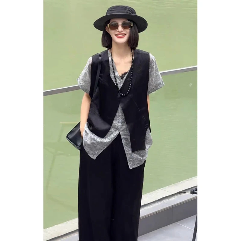 欧洲站2025夏季新款高级感轻奢不对称两件套上衣高腰休闲裤套装潮