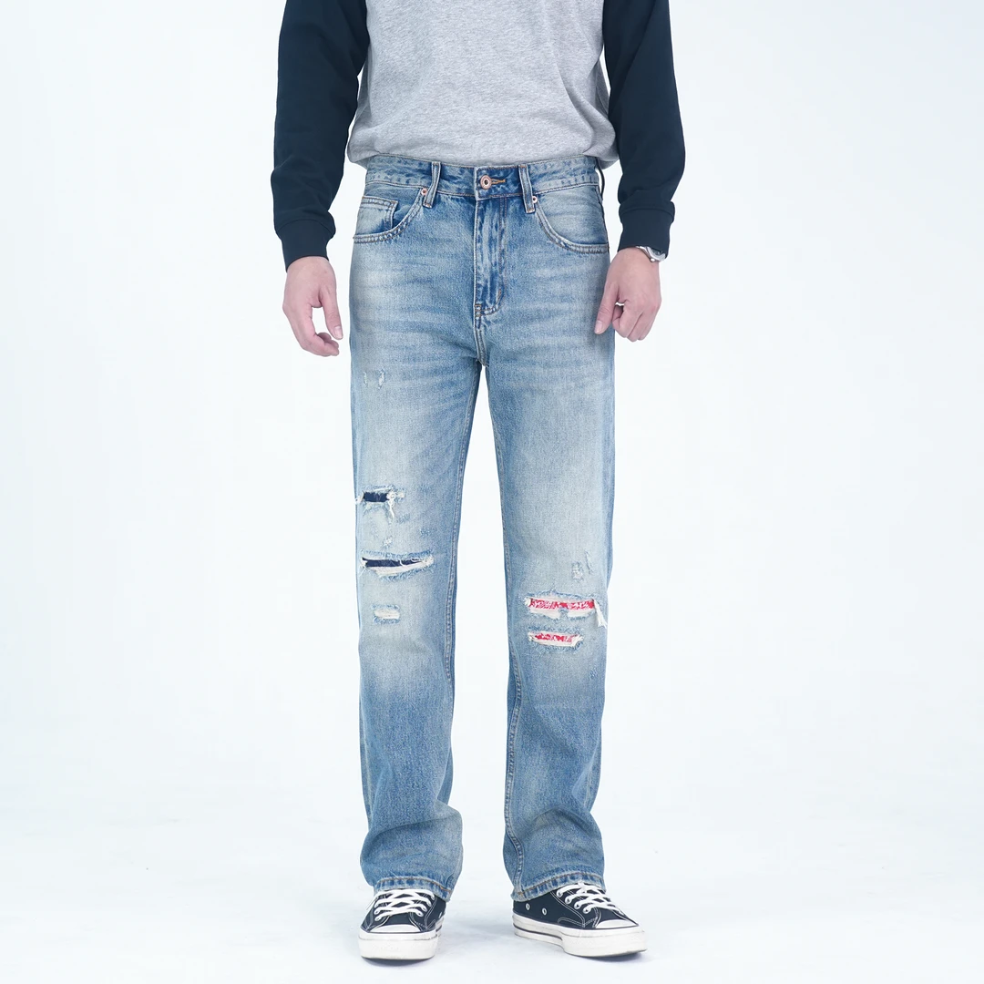 DIPAI/底牌秋冬厚款潮流破洞补丁水洗宽松休闲美式蓝色牛仔裤男士
