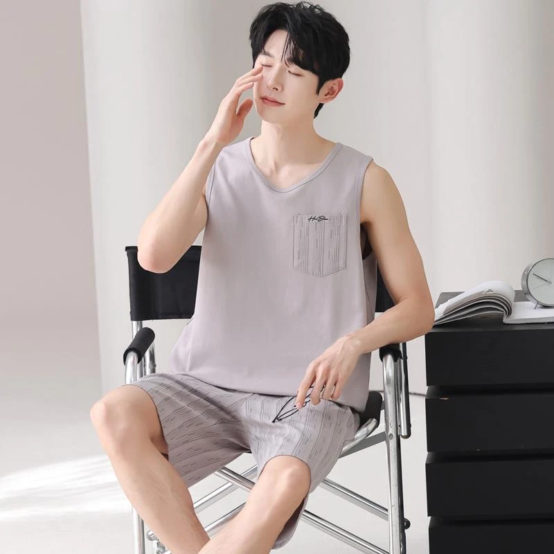 GPSUNLU睡衣男款夏季纯棉薄款背心短裤条纹睡裤青少年家居服套装