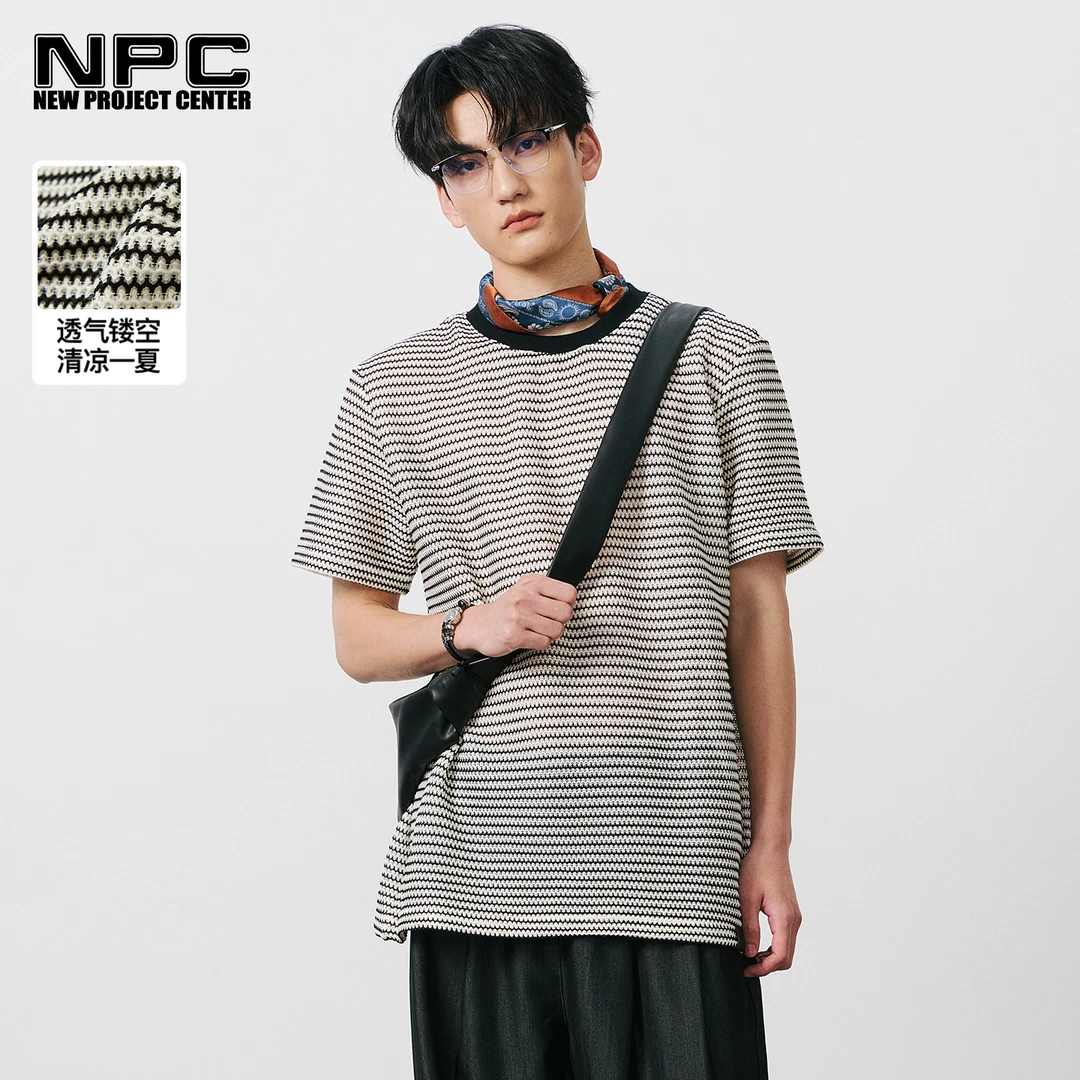 NPC潮牌撞色条纹镂空圆领百搭T恤男微弹落肩廓形宽松NP52TE09 J