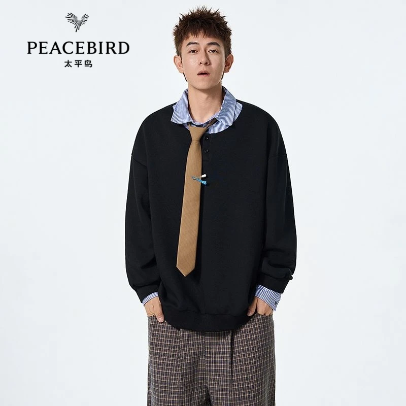 PEACEBIRD太平鸟翻领春季常规速干长袖秋冬男士宽松毛绒卫衣秋季