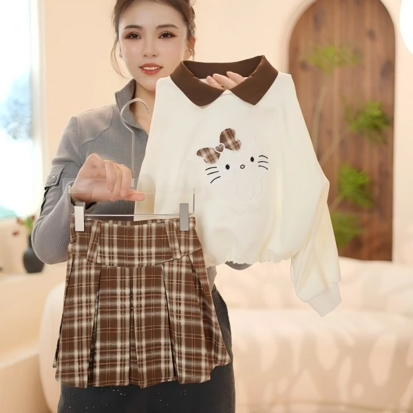 2025春季新款POLO领卡通女套装春季百褶裙时尚卫衣裙两件套