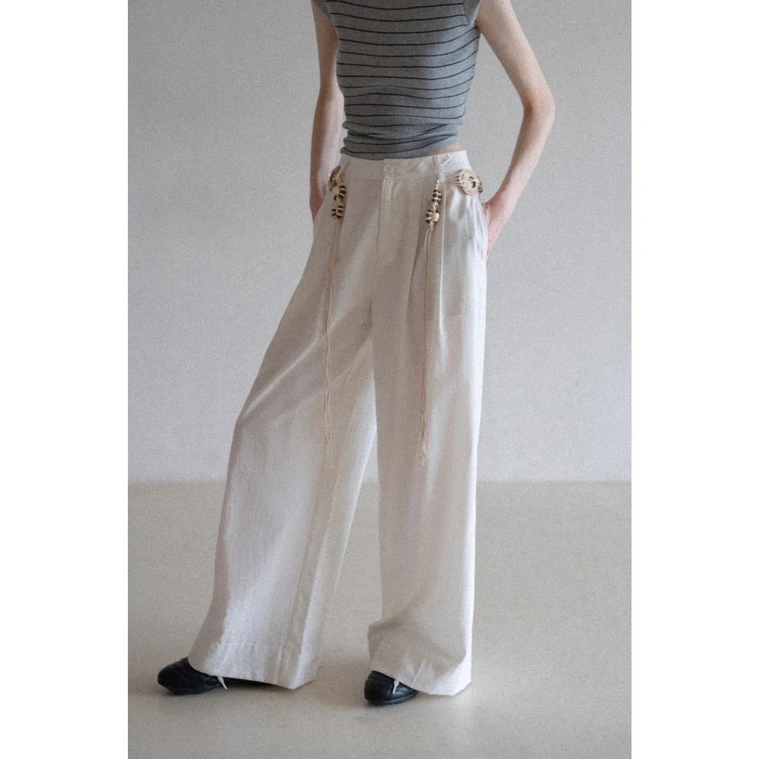 EGGKA 凉感设计百搭女夏高腰宽松直筒显瘦阔腿休闲裤 E25D5321BK