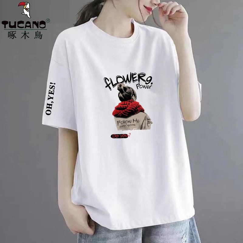 啄木鸟纯棉短袖显瘦T恤设计感小众宽松时尚大码印花美式网红上衣