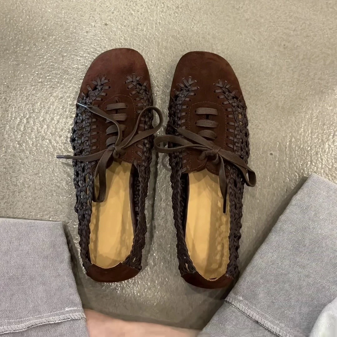 羊皮版~法式复古风时尚小众女运动编织镂空软底休闲百搭平底单鞋