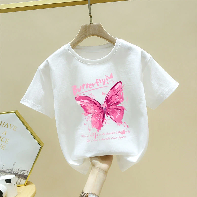 儿童短袖T恤夏季新款女童纯棉透气吸汗洋气白色印花中小童上衣潮