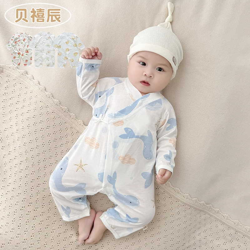 婴儿连体衣夏季薄款护肚斜襟系带新生儿夏天长袖宝宝空调服蝴蝶衣
