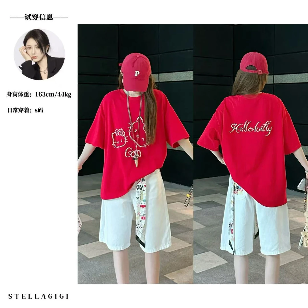 SG / 杨依姗 SS重工钉珠KT猫时髦休闲短袖T恤T-20251016