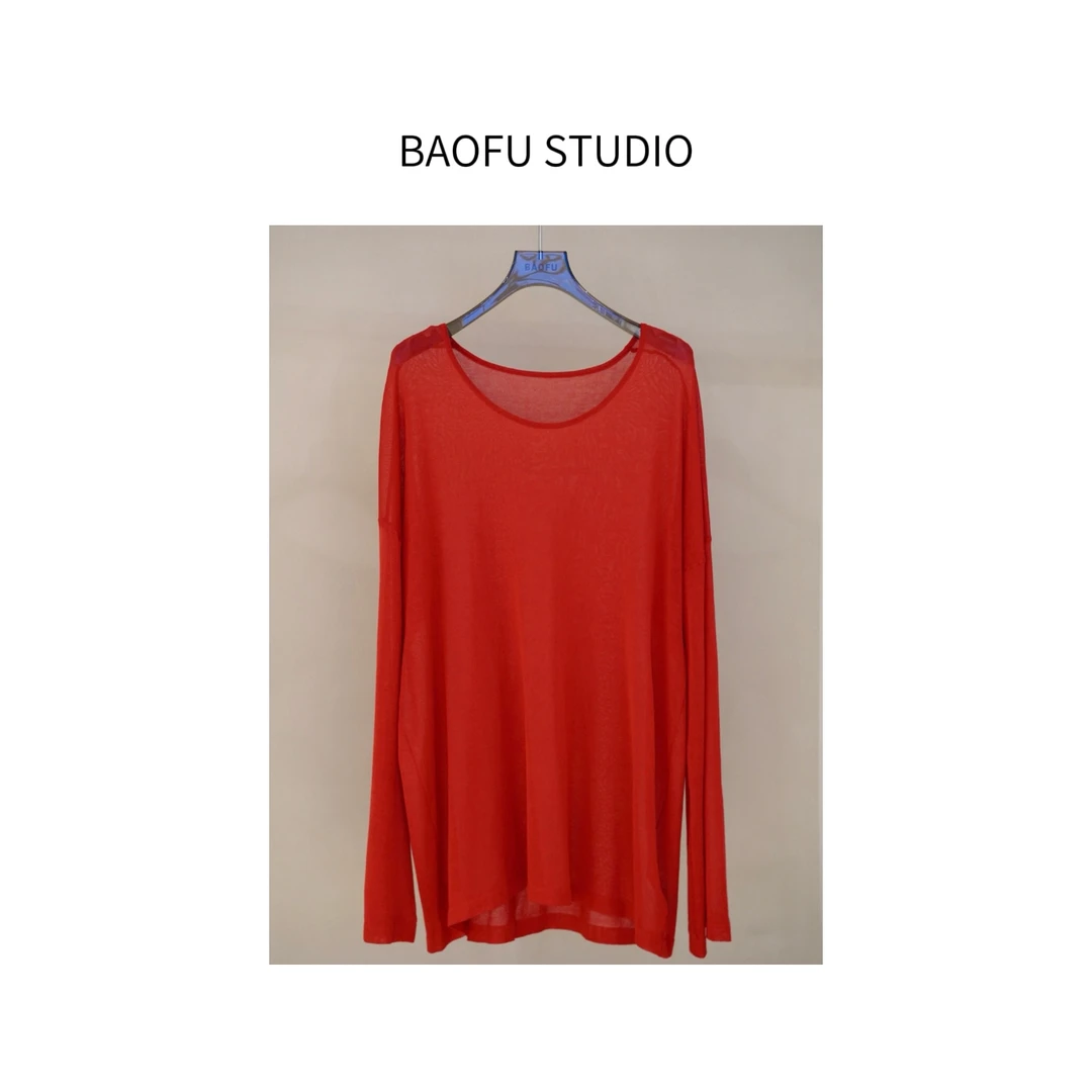 BAOFU studio | 大U领醋酸罩衫纸片人松弛感精织水袖T恤透视上衣