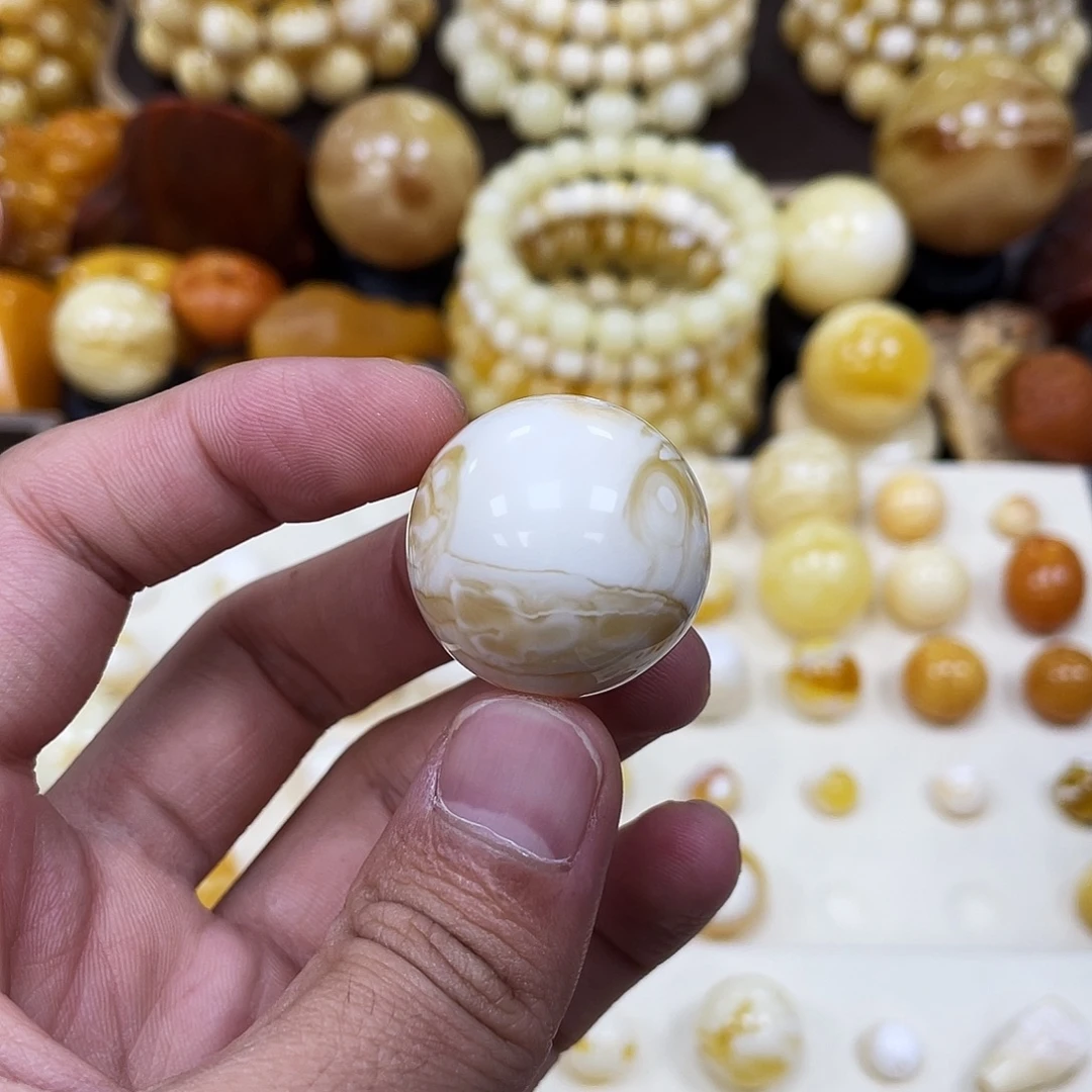 蜜蜡未镶嵌珠宝奇石27.6mm【溶洞石膏瓷白】圆珠