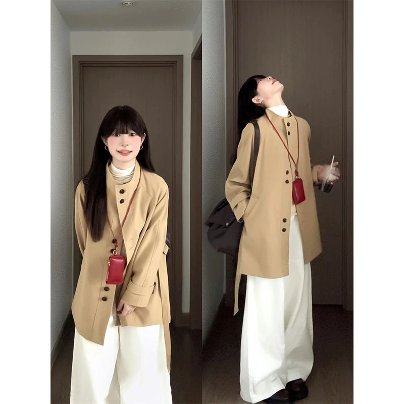 英伦风卡其色翻领风衣女秋季2025新款韩系气质中长款外套显瘦裤子