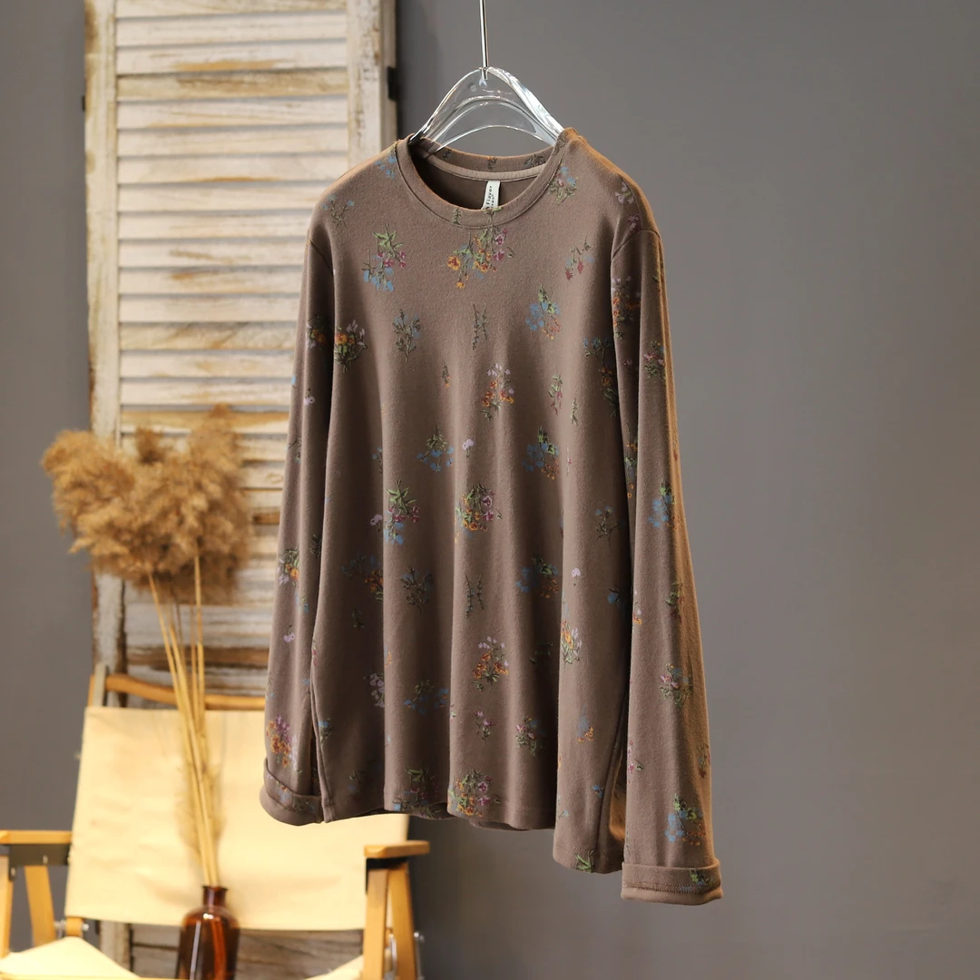 新款2025年秋季麻味经典印花减龄复古文艺T恤棉料通勤垂感百搭女