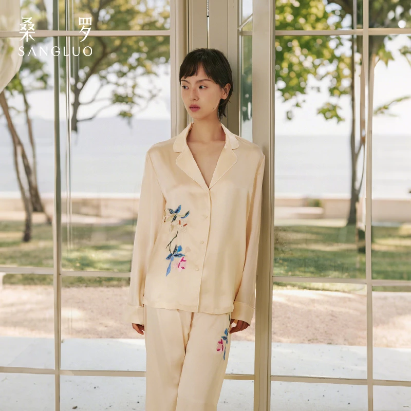 新中式刺绣』桑罗真丝睡衣刺绣套装印花长袖两件套家居服03A62809