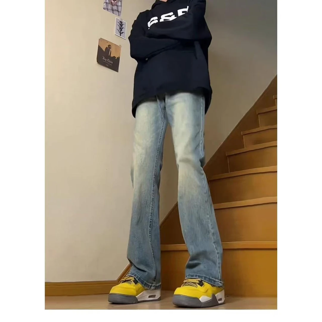 美式复古蓝牛仔裤男款修身窄版裤子高个子微喇直筒裤美式黑牛仔裤