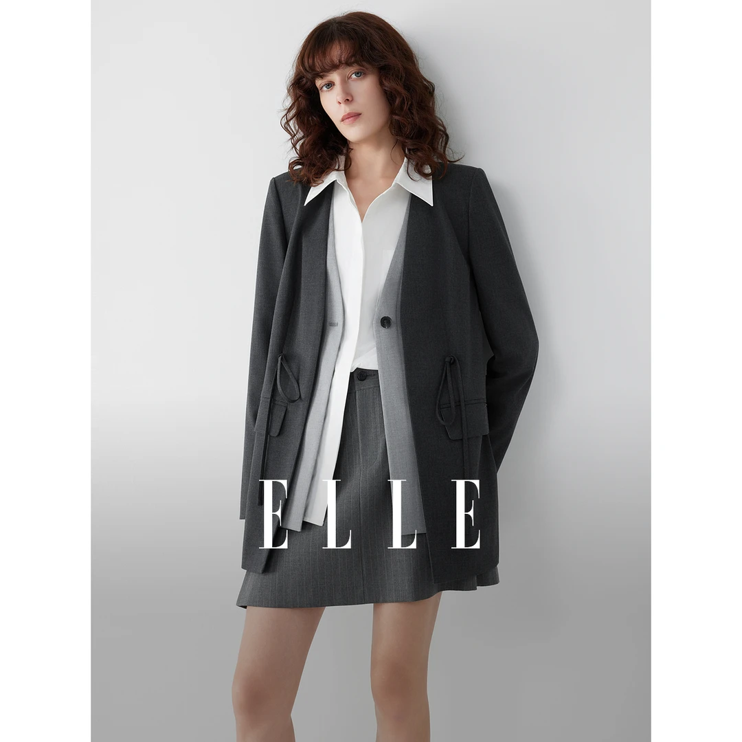 ELLE时尚拼接假两件西装外套女2025秋季新款宽松休闲西服EX52173