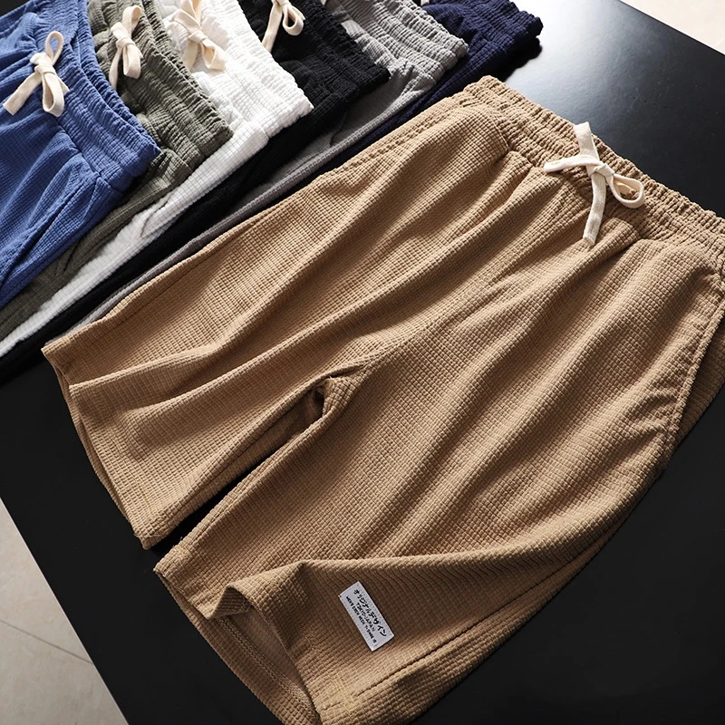 夏季高支华夫格夏季新款玉米格男士休闲针织运动五分裤中裤男6188