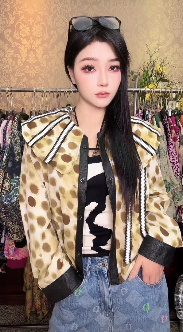 1619海军帽黄色圆点宽松短外套